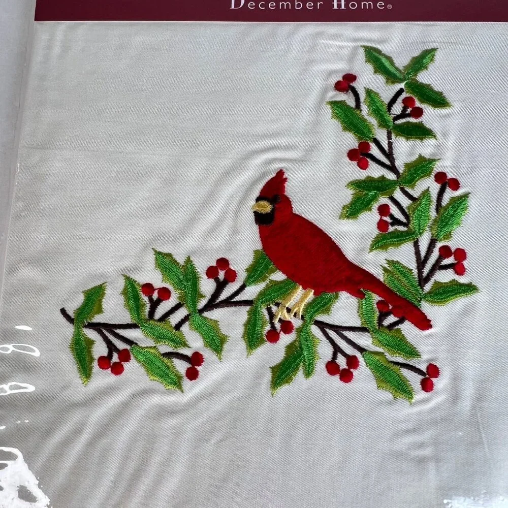 December Home Oblong Fabric Tablecloth With Cardinal & Holly‎ Embroidery 60